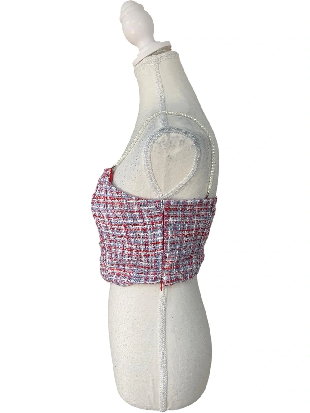 Zara Tweed Corset Crop Top with Pearl Straps Red Blue